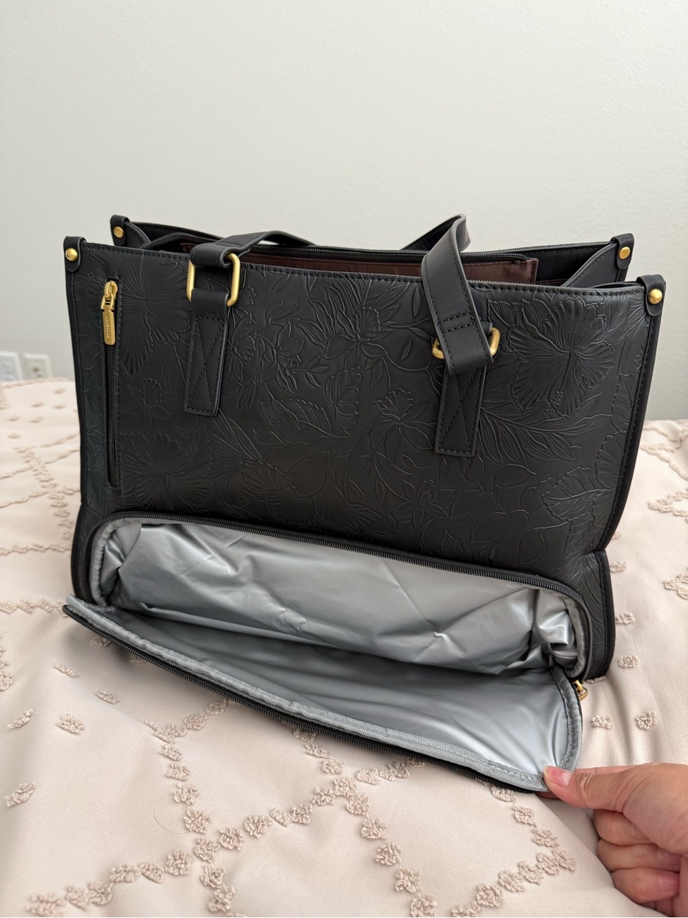 Insulated Black Floral-Embossed Tote - Picture 4 of 6